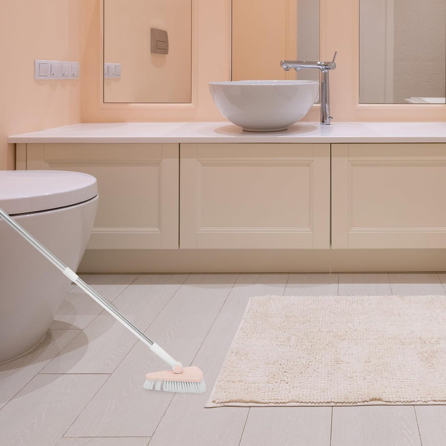 Bathroom Cleaning Brush with Long Handle Stiff Bristles Floor Cleaner Scrub Brush for Tile and Tub in Light Pink for Home Cleaning