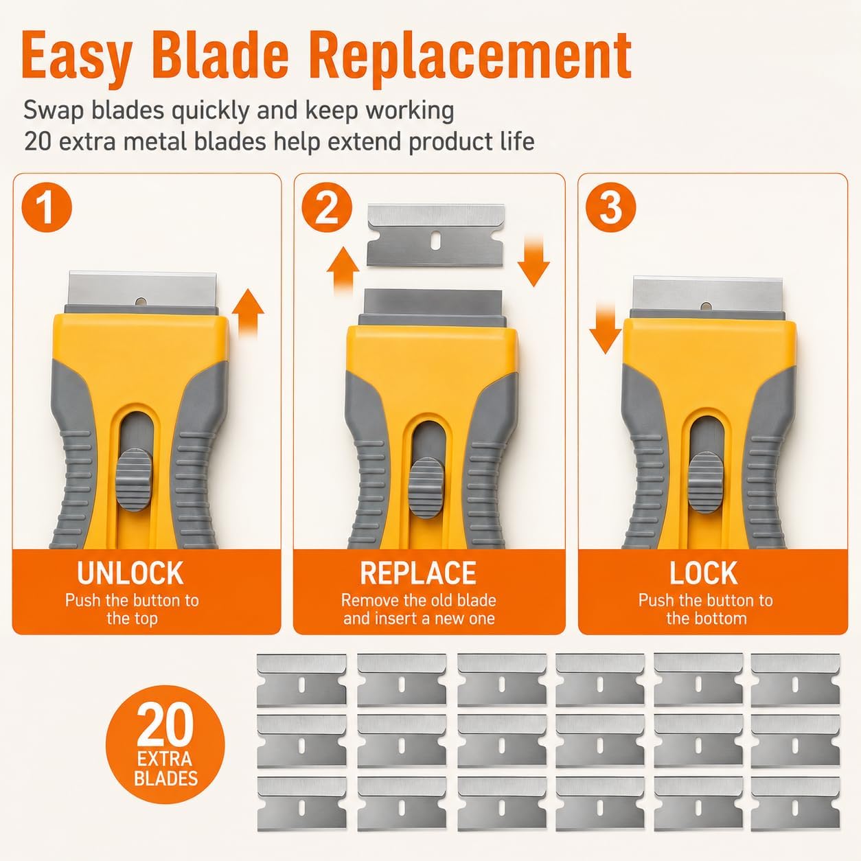 Razor Blade Scraper Set, 2 Safety-Lock Handles + 20 Steel Blades | Steel Blades Retract into Plastic Handles, Removes Stickers, Labels, Paint, Caulk and Residue From Windows, Cooktops and Tile