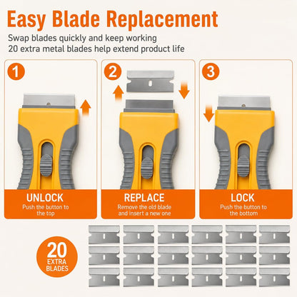 Razor Blade Scraper Set, 2 Safety-Lock Handles + 20 Steel Blades | Steel Blades Retract into Plastic Handles, Removes Stickers, Labels, Paint, Caulk and Residue From Windows, Cooktops and Tile