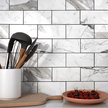 Vamos Tile 100-Piece Glossy Dolomite White Peel and Stick Backsplash Tile,3''x6'' PVC Subway Tile with White Grout, Stick on Backsplash for Kitchen/Bathroom/Fireplace