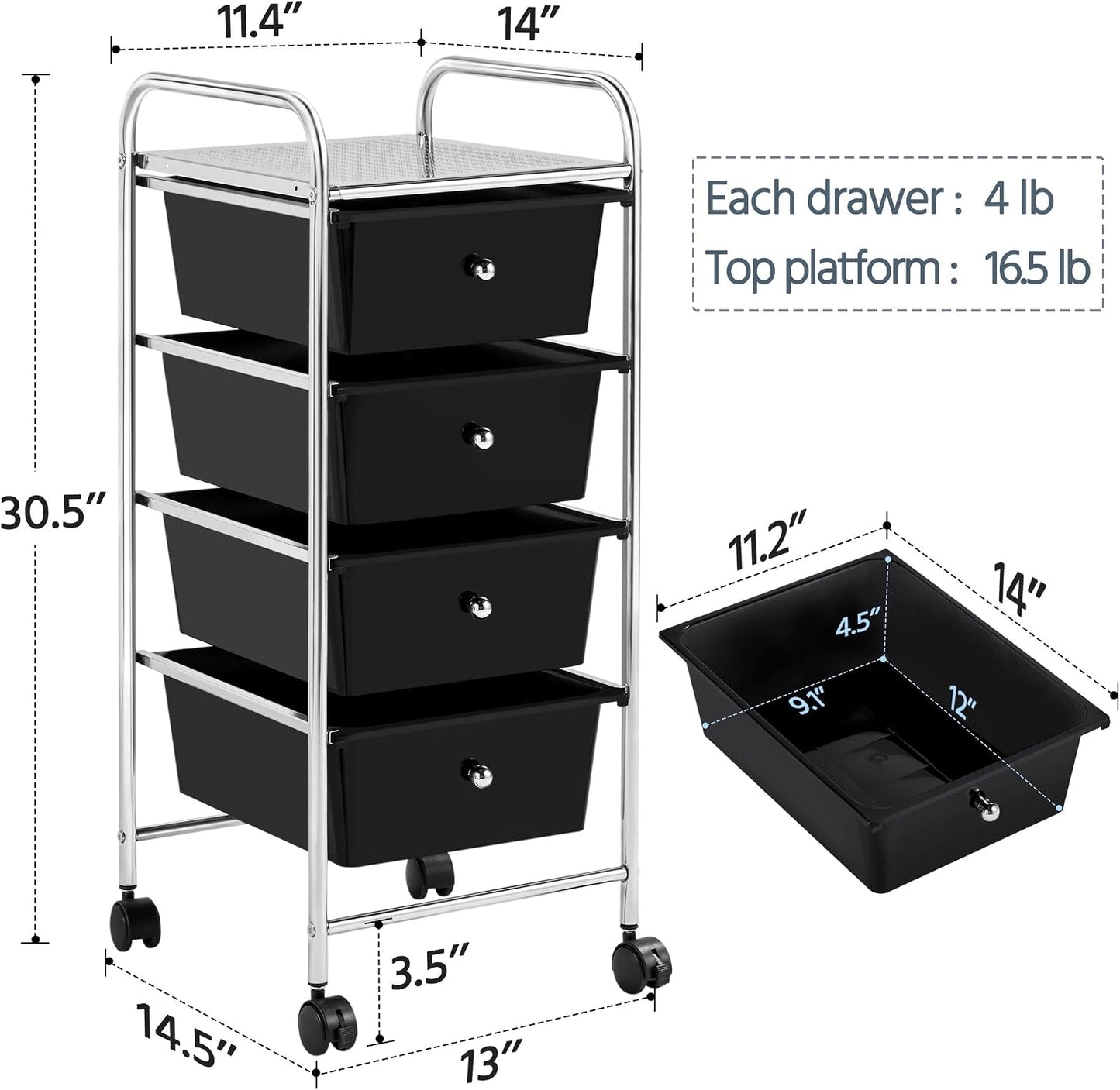 Yaheetech 4-Drawer Rolling Storage Cart with Wheels, Slim Organizer, Black | Four drawers plus a top shelf organize craft to bath gear; slim chrome-steel frame, plastic bins, locking wheels, easy setup.
