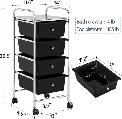 Yaheetech 4-Drawer Rolling Storage Cart with Wheels, Slim Organizer, Black | Four drawers plus a top shelf organize craft to bath gear; slim chrome-steel frame, plastic bins, locking wheels, easy setup.