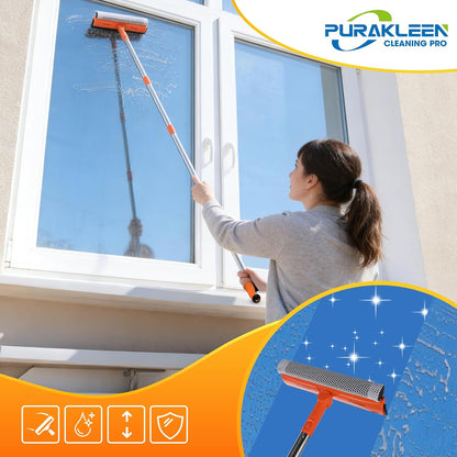 Window Squeegee with 62" Adjustable Stainless Steel Pole —2-in-1 Sponge Scrubber &Streak-Free Blade, No Ladder for 1-Story &Skylights,Car &RV Windshields,Shower Doors,Tile Orange