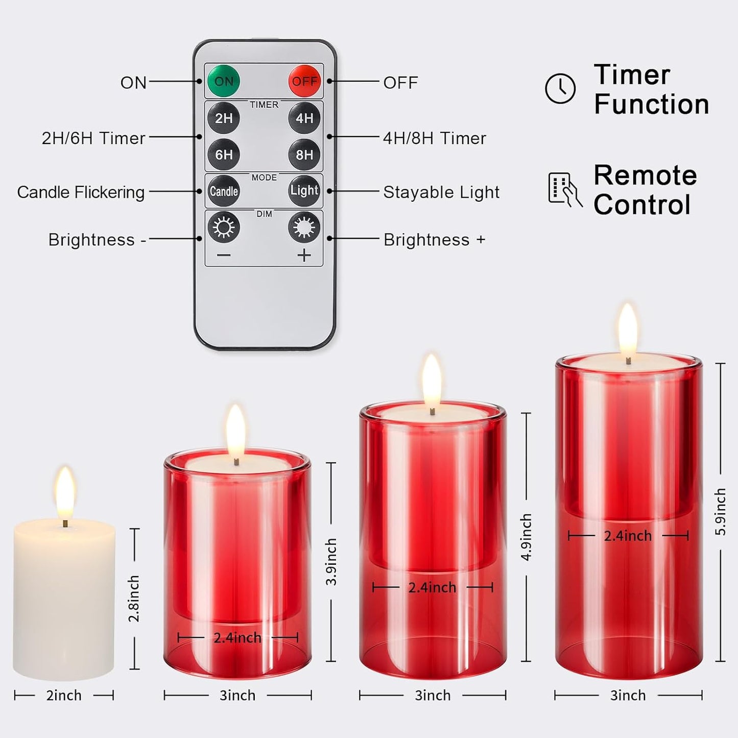 NURADA Flameless Candles with Remote Timer - Glass Real Wax 3D Wick LED Pillar Votive Candle Set Battery Operated Flickering Light for Home Christmas Decoration - White 3 Pack