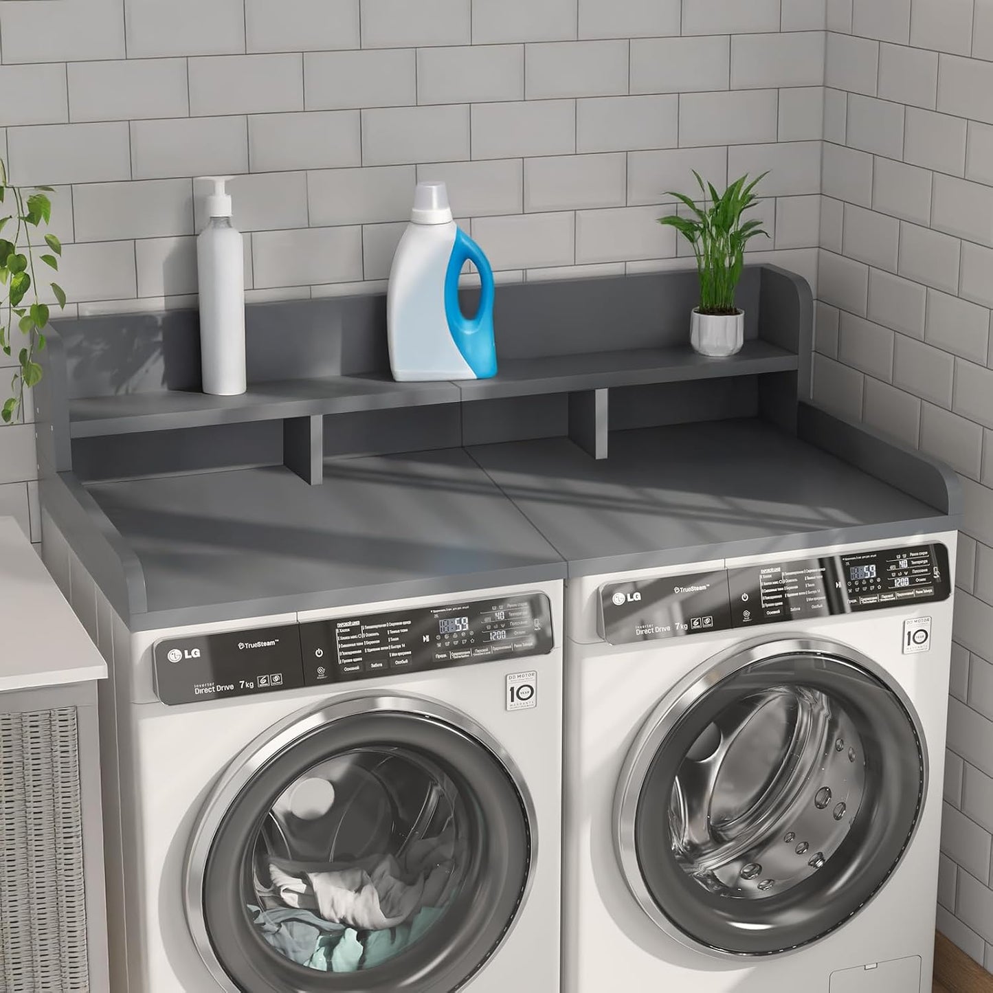 54" X 27.5" Washer and Dryer Countertop, Adjustable Laundry Countertop with Shelf, Extra Dividers, Folding Clothes Station, Over Machine Storage for Detergents & Essentials (Natural)