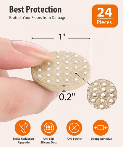 Felt Furniture Pads for Hardwood Floors - Non Slip Chair Leg Protectors with Silicone Grip Dots - Heavy Duty Anti-Scratch Floor Protection for Sofas & Tables, 1 Inch Round, 24 Pack, Beige