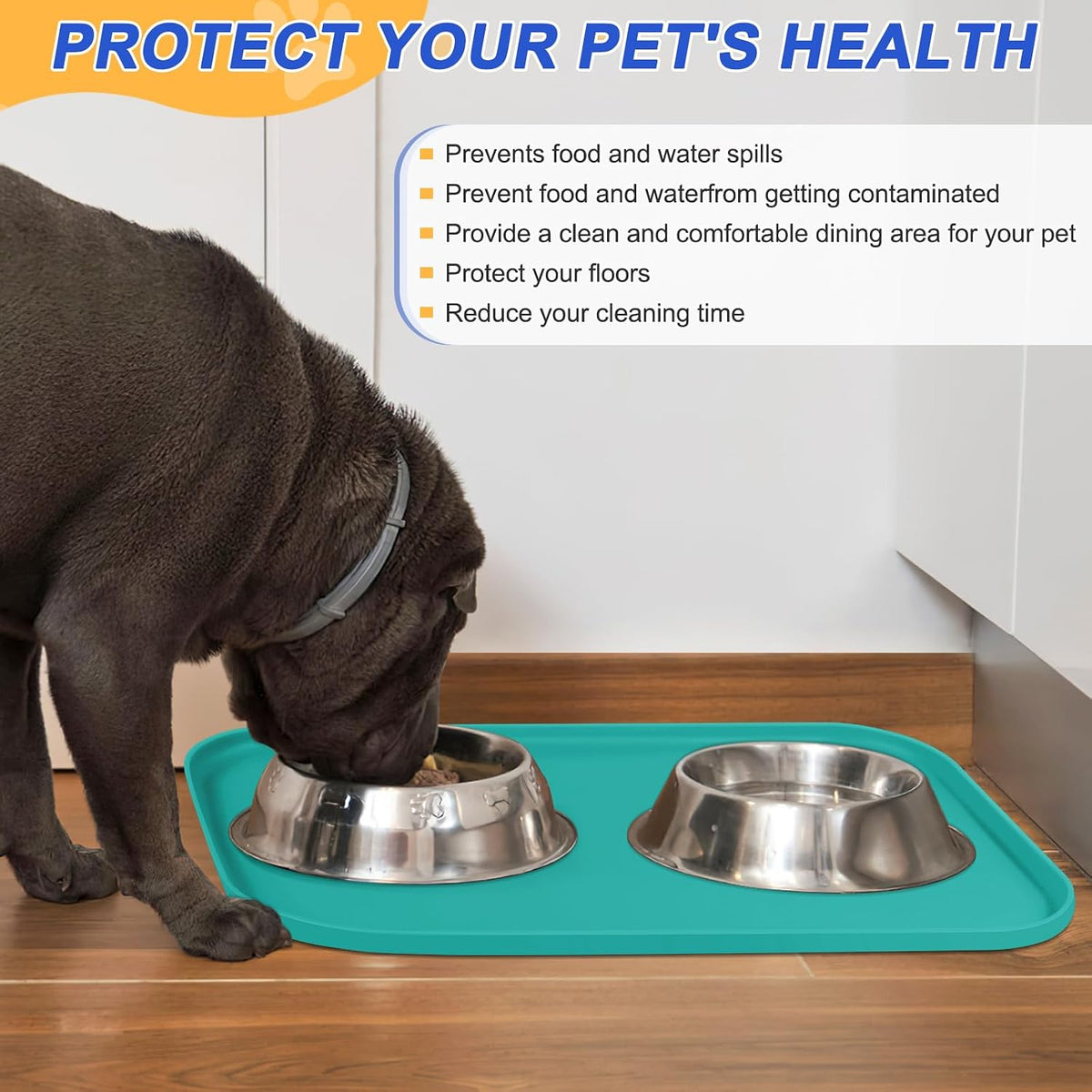 SMILOOL Silicone Pet Food Mat with Raised Edge for Food and Water Bowl, Dog Feeding Mats, Cat Food Trays for Floor Waterproof, Rubber Tray for Dogs and Cats, 19 x 12 x 0.7 Black