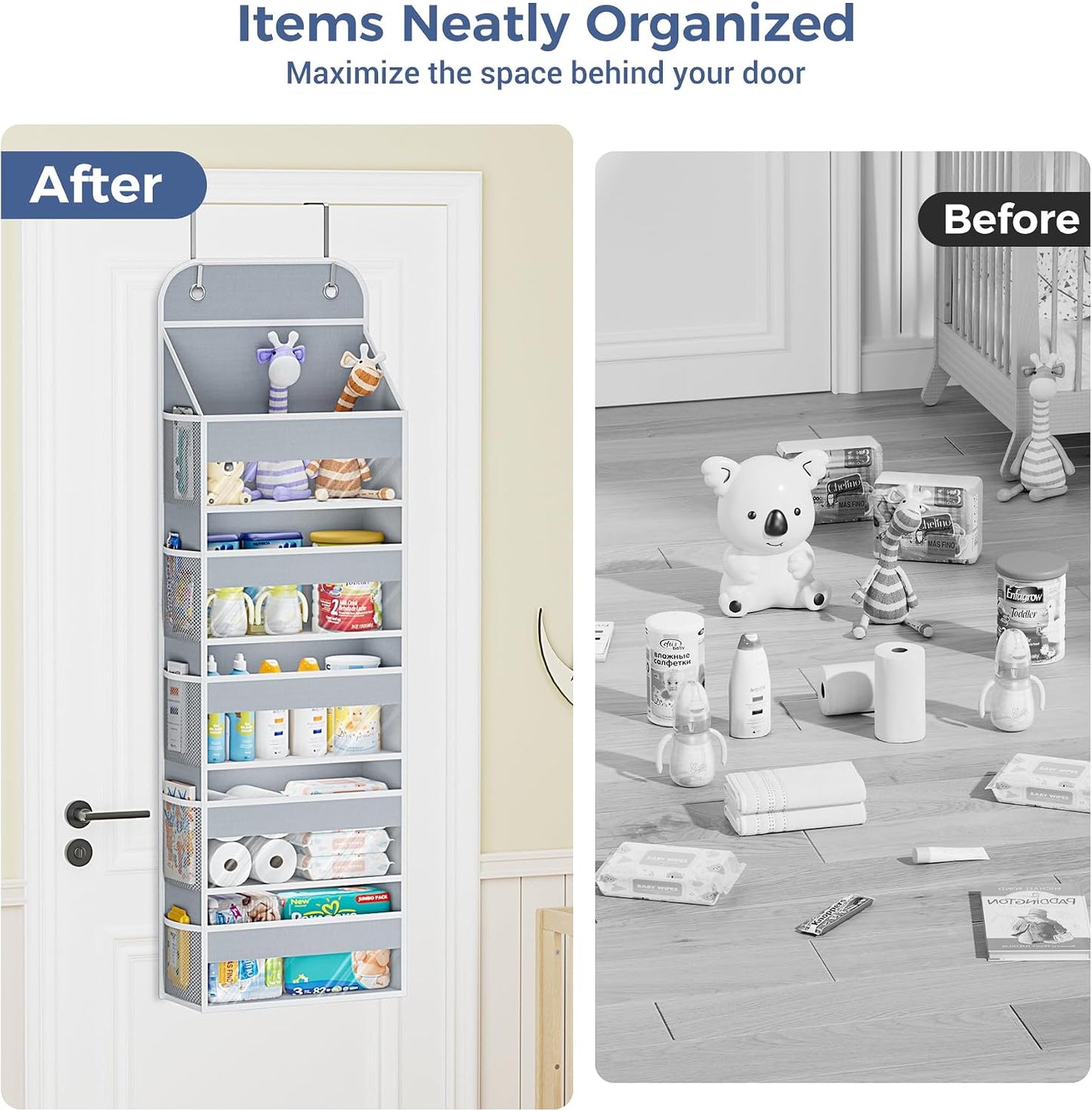 COOLBEBE 2-Pack over the Door Organizer, 5-Tier Hanging Storage with Clear Windows & Mesh Side Pockets, Heavy-Duty Nursery Closet Organizer for Baby Essentials, Bathroom, Bedroom, Grey