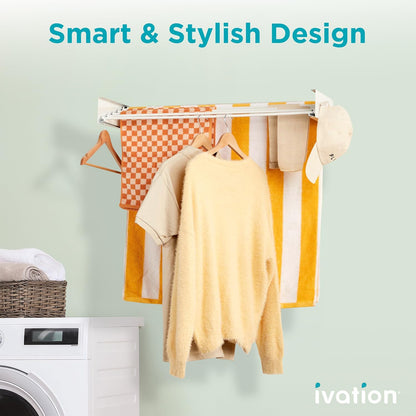 Ivation Retractable Wall Mounted Clothes Drying Rack, 40" Foldable Laundry Drying Rack for Clothing | Collapsible Space-Saving Design & 5 Rods | Easy Installation with Hardware & Wall Template (White)
