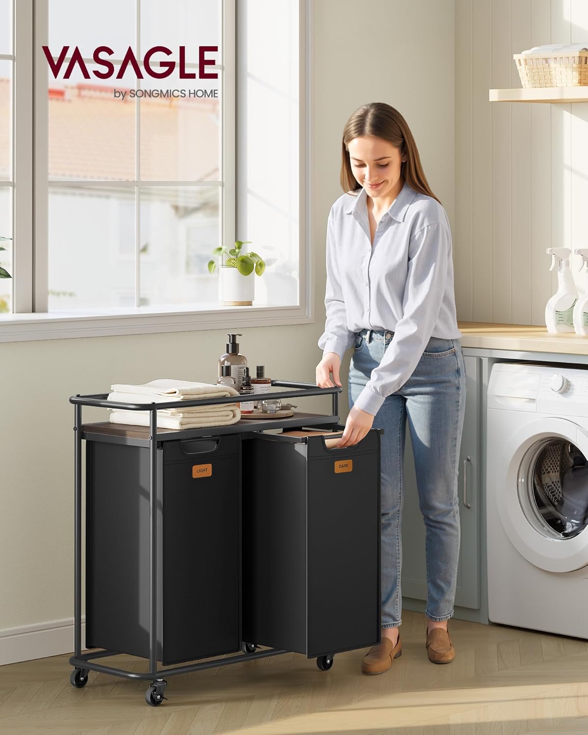 VASAGLE Laundry Sorter, Laundry Hamper with Wheels, 39.6 Gal. (150 L) Portable Rolling Cart Baskets with Shelf, 3 Removable Liners and 6 Labels, Ink Black and Chestnut Brown UBLH103BH01