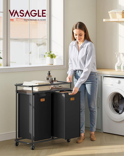 VASAGLE Laundry Sorter, Laundry Hamper with Wheels, 39.6 Gal. (150 L) Portable Rolling Cart Baskets with Shelf, 3 Removable Liners and 6 Labels, Ink Black and Chestnut Brown UBLH103BH01