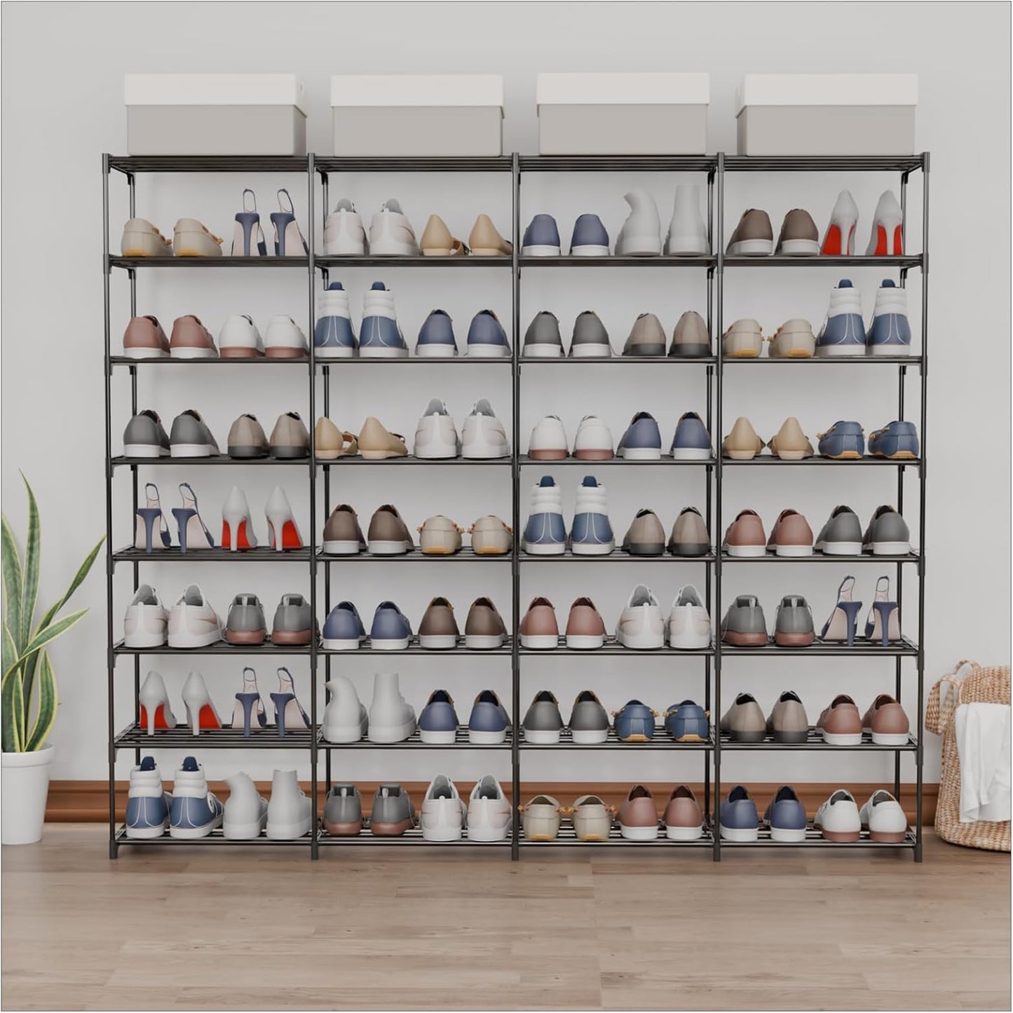 SMILHELTD Large Shoe Rack 4 Row 8 Tier for Entryway Holds 64 Pairs, Metal & Plastic Sneaker Shelves, DIY Assembly, Space Saving Storage Organizer for Garage Closet, 66.1" W x 49.2" H