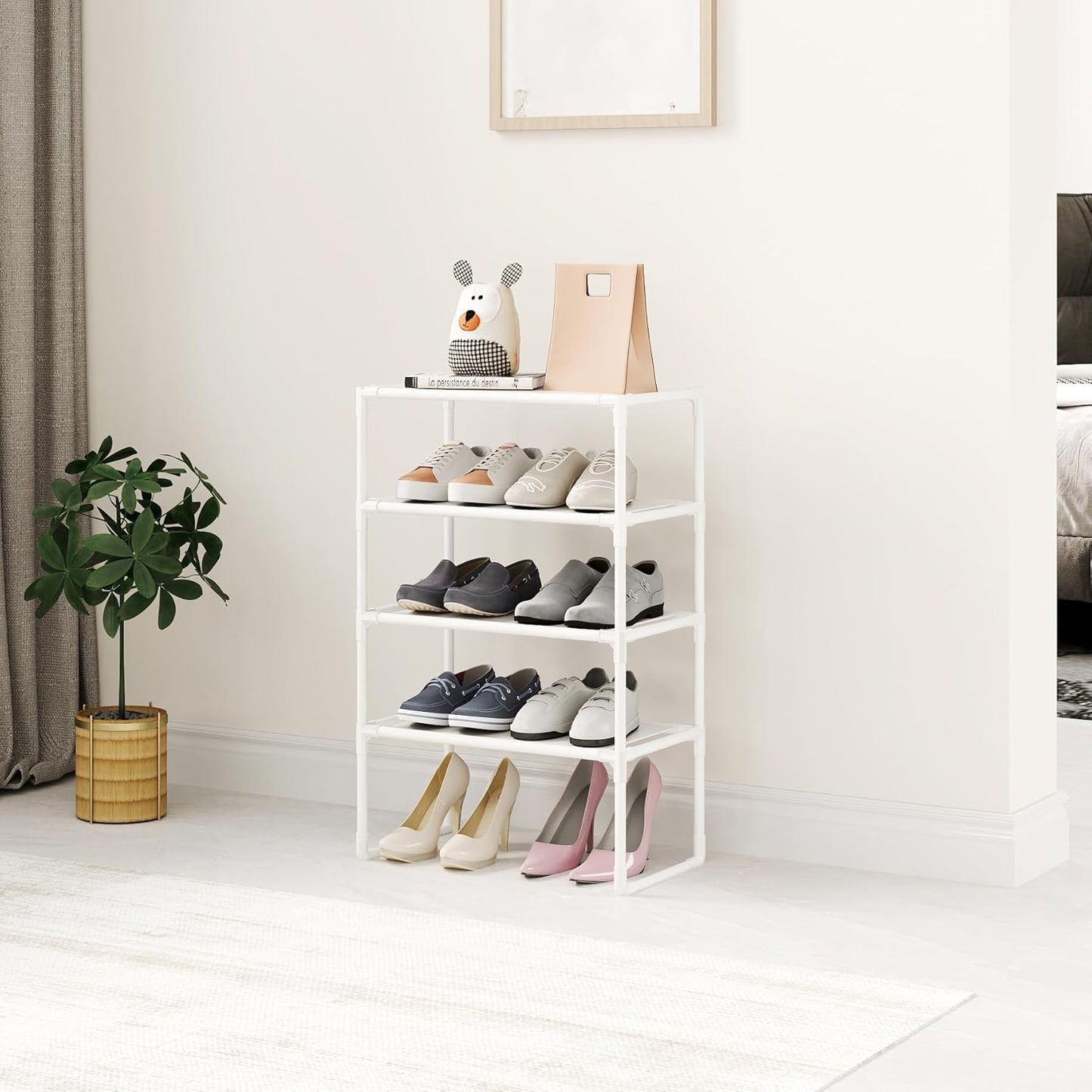 5-Tier Small Shoe Rack for Closet and Entryway, Narrow Shoe Shelf Organizer,Stackble Shoe Stand,Non-Woven Fabric Metal Free Standing Shoe Racks (White, 18" W x 9.9" D x 28.6" H)