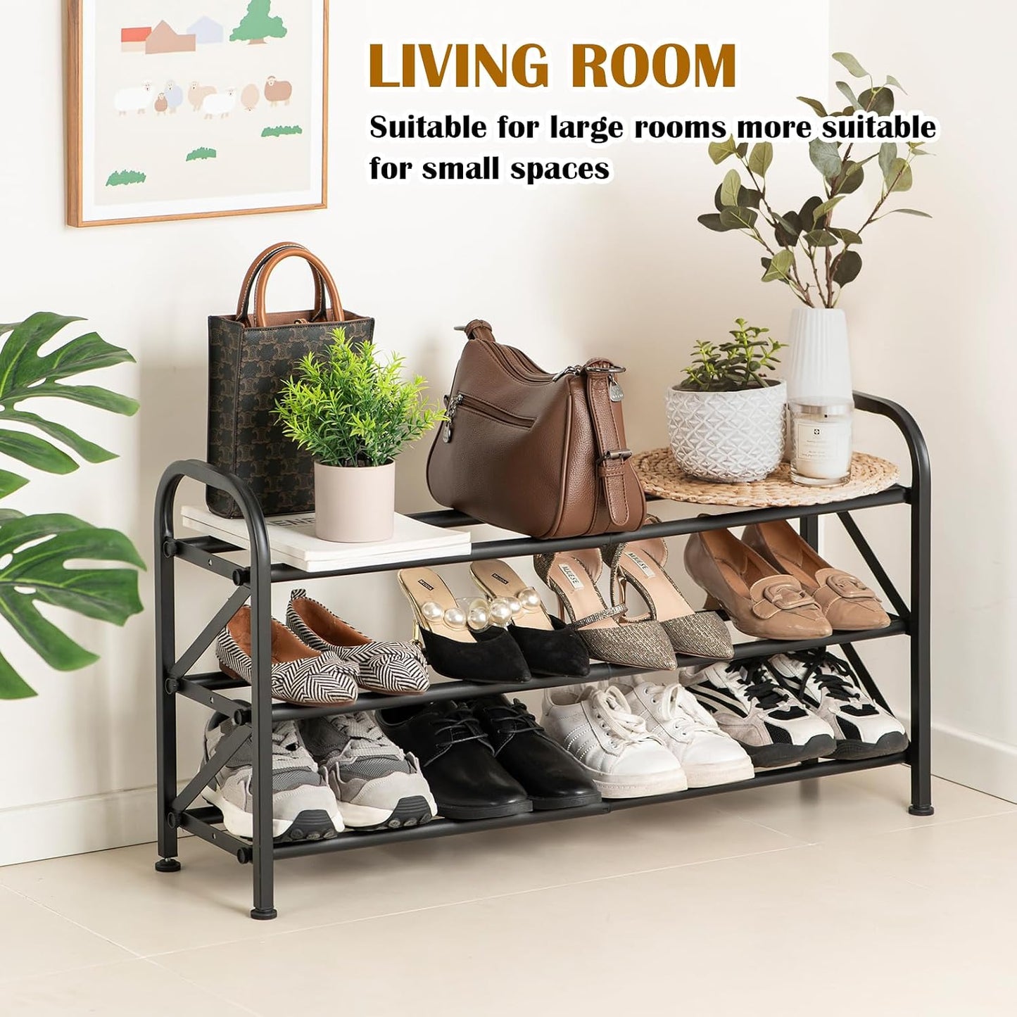4-Tier Expandable Shoe Rack, Stackable and Adjustable Shoes Organizer Storage Shelf, Sturdy and Durable Metal Structure Free Standing Shoe Rack for Closet Entryway Doorway