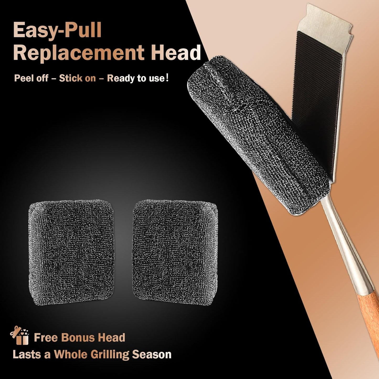 GrillChef Bristle Free Grill Brush, BBQ Steam Cleaning Brush with 2 Replacement Heads, Extra Long Wood Handle, Safe Grill Cleaner for Outdoor Grills, Gift Box Design for Dad Men