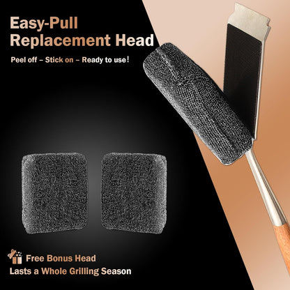 GrillChef Bristle Free Grill Brush, BBQ Steam Cleaning Brush with 2 Replacement Heads, Extra Long Wood Handle, Safe Grill Cleaner for Outdoor Grills, Gift Box Design for Dad Men