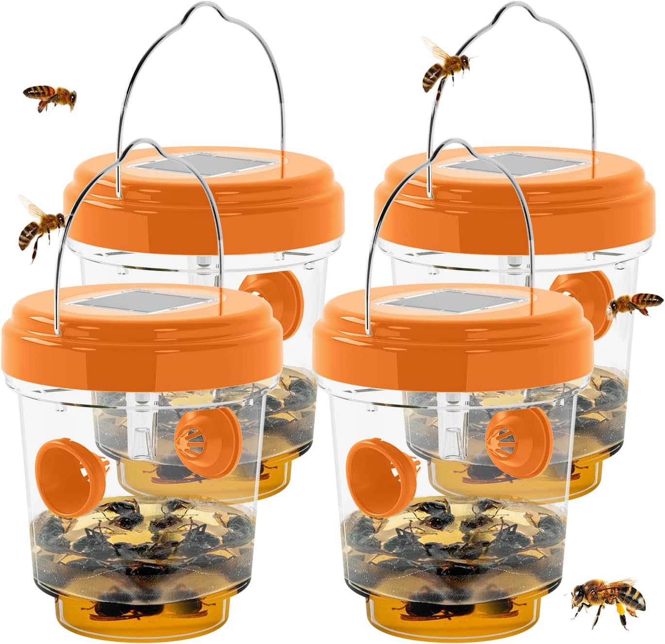 Wasp Trap Outdoor Hanging, Solar Powered Bee Trap Hornets Yellow Jacket Traps Reusable, Bee Wasp Catcher for Garden Patio Yard Orchard, 4 Packs