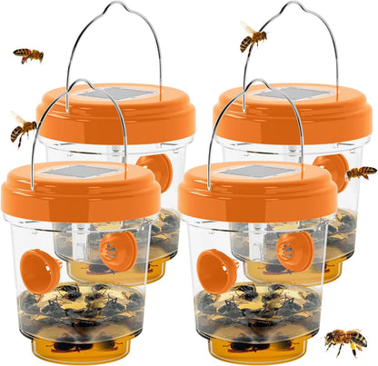 Wasp Trap Outdoor Hanging, Solar Powered Bee Trap Hornets Yellow Jacket Traps Reusable, Bee Wasp Catcher for Garden Patio Yard Orchard, 4 Packs