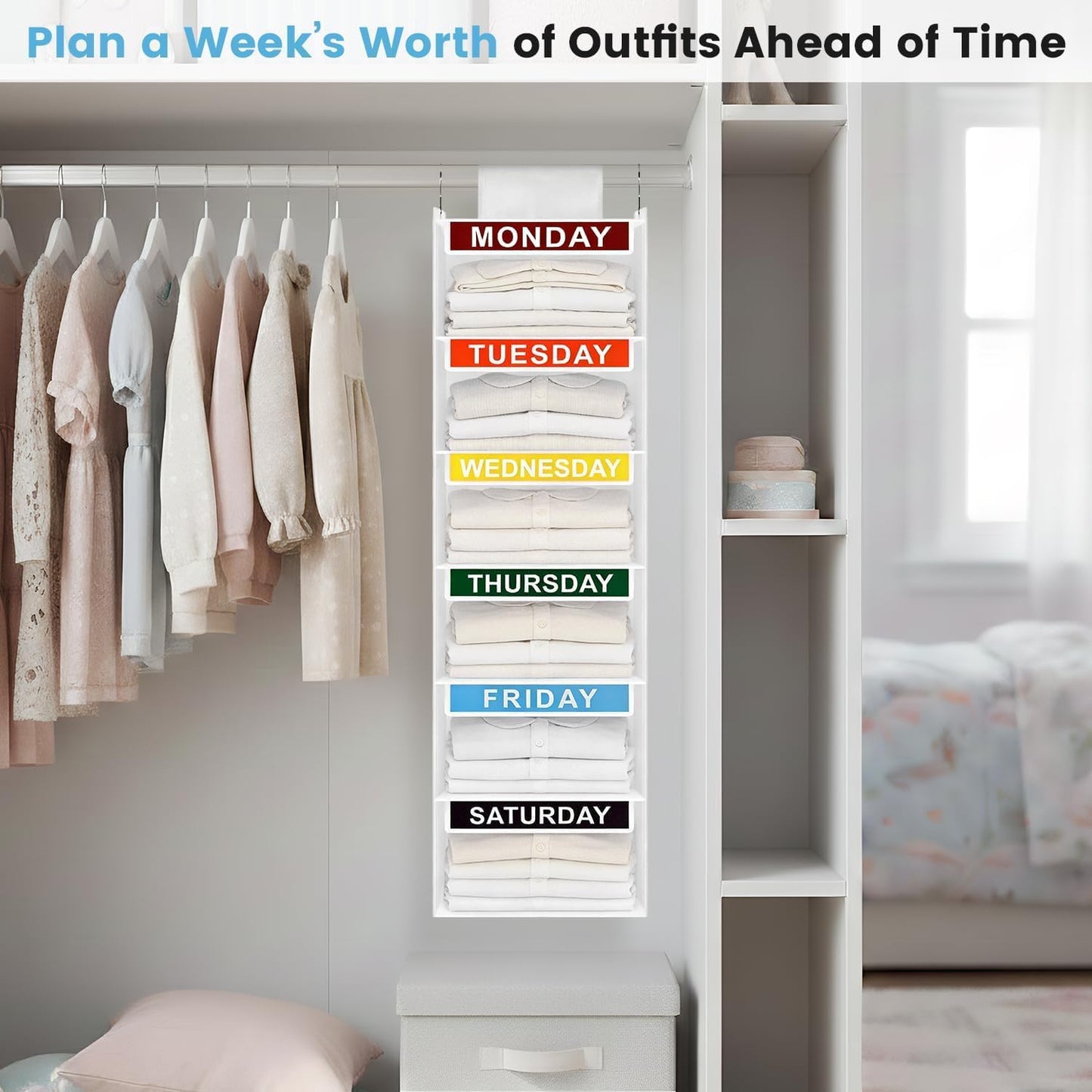 Weekly Clothes Organizer for Kids, 5-Shelf Kid Hanging Closet Organizer w/ 6 Side Pockets, Labeled Weekly Outfit Organizer for Kids, Days of The Week Clothes Organizer Monday Through Friday White