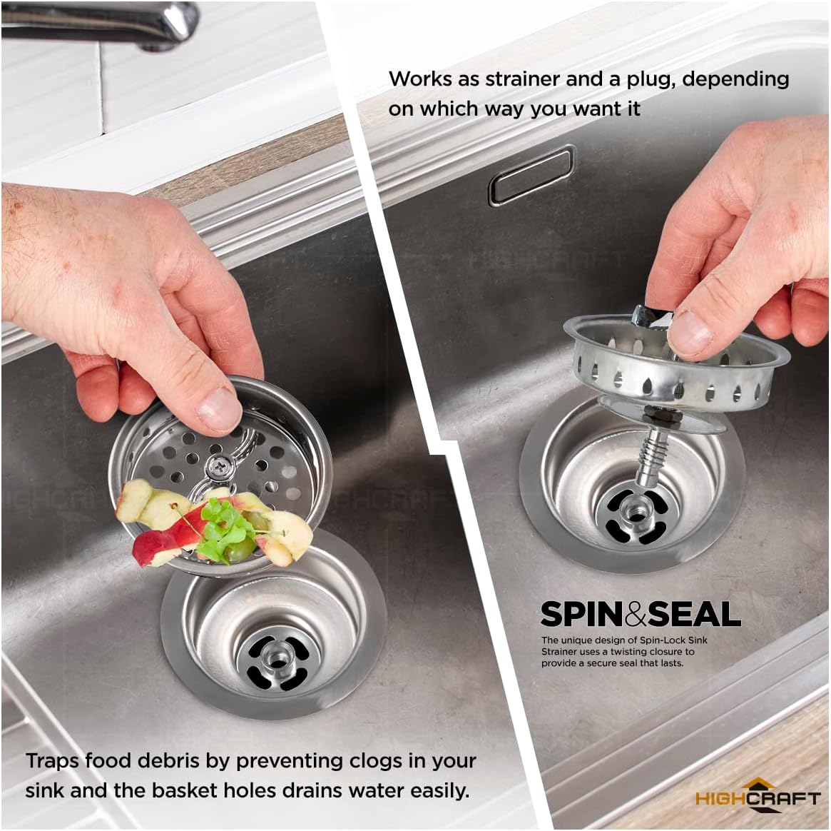 Highcraft 9763 Kitchen Sink (3-1/2 Inch) Stainless Steel Drain Assembly With Strainer Basket Spin and Seal With Threaded Stopper