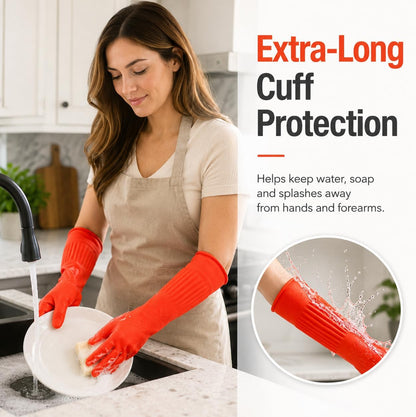 ThxToms Dishwashing Gloves, 2 Pairs Fleece Lined Rubber Dish Gloves for Washing Dishes, Waterproof Reusable Kitchen Cleaning, Long Cuff Anti Slip,Large