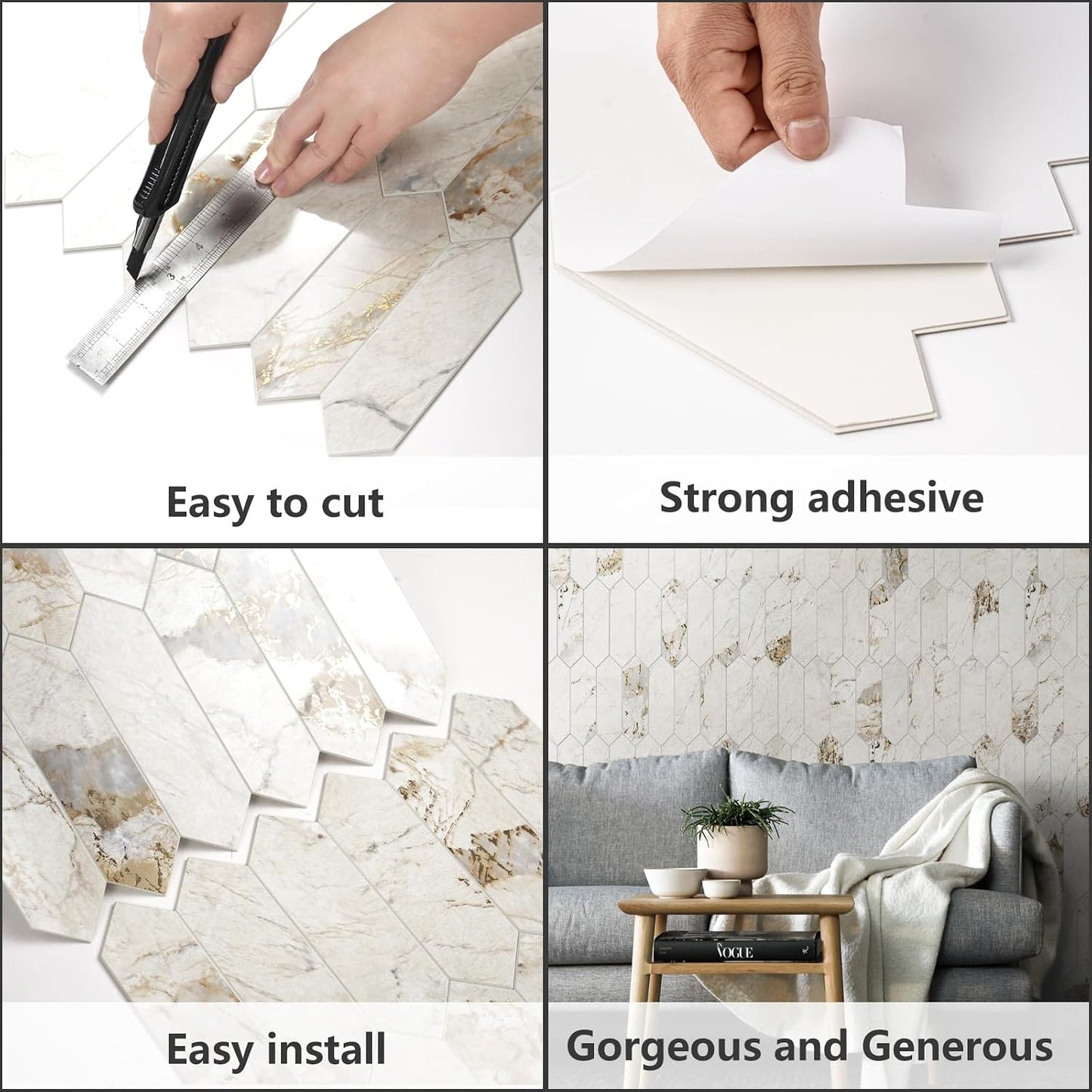 Vamos Tile Glossy Dolomite White Backsplash Tile Peel and Stick, 12.8 x 12.8 Inch 10 Sheets Long Hexagon PVC Self Adhesive Mosaic Wall Tiles Stick on Backsplash for Kitchen and Bathroom