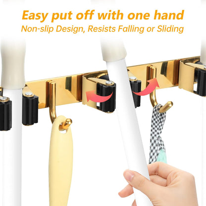 3 Racks and 4 Heavy Duty Hooks Mop and Broom Holder Wall Mount, Non-slip Organizer Storage Utility Tool Racks for Garage,Kitchen,Laundry Room,Garden. Gold