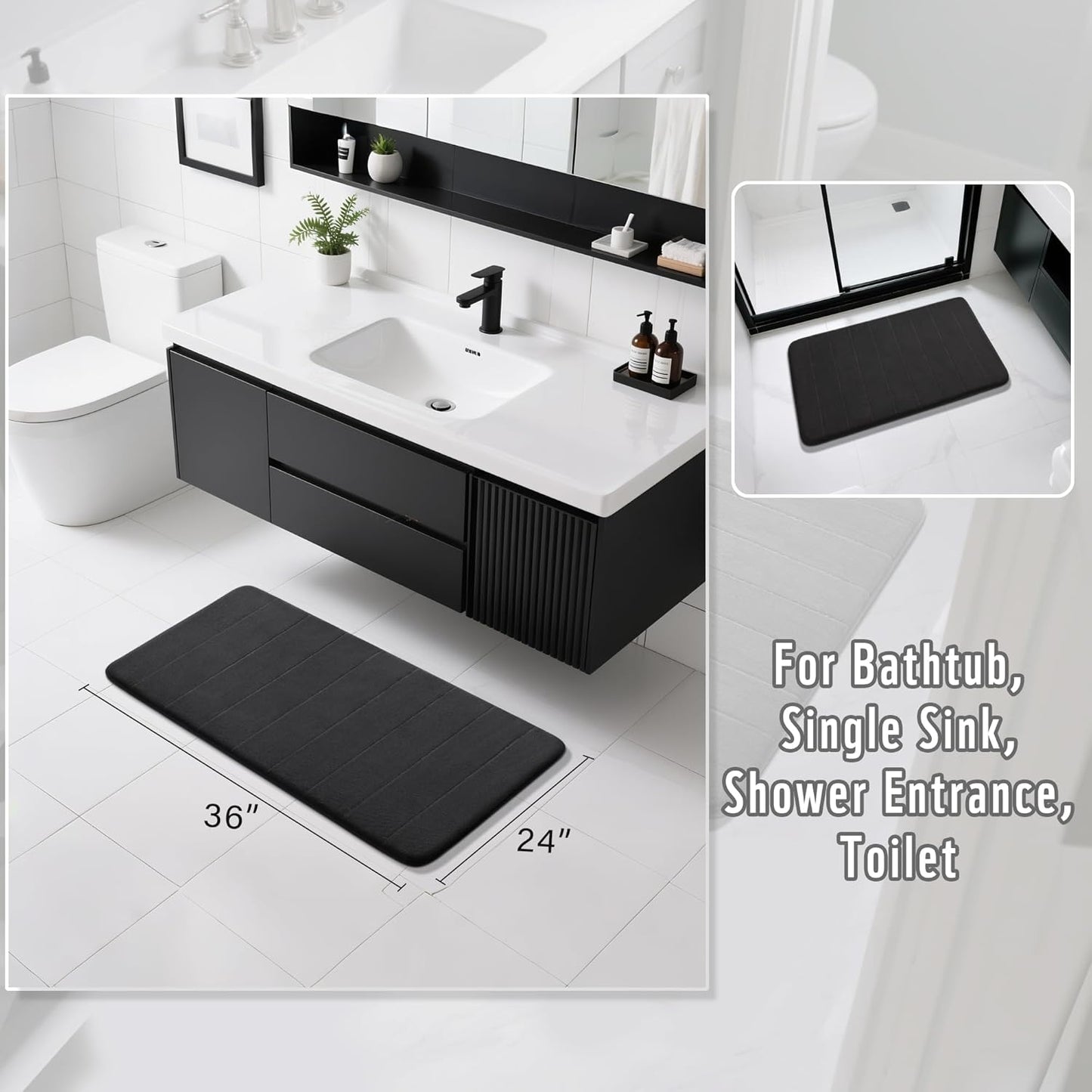 Yimobra Memory Foam Bath Mat, Super Soft Absorbent Bathroom Rug Non Slip, Quick Dry, Machine Washable Floor Carpet for Tub Shower, Home Decor Accessories, 24x17, Grey