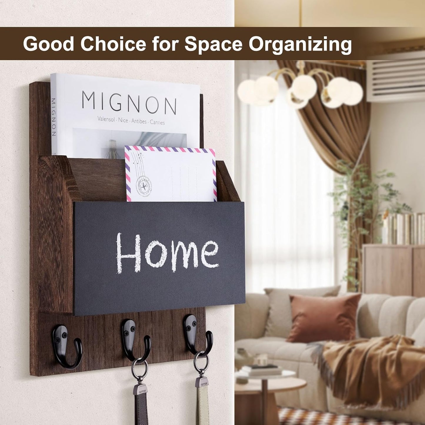 Key and Mail Holder for Wall Mount, Entryway Mail Holder with 2 Slot, Key Holder with 3 Sturdy Hooks for Coat, Dog Leash, Decorative Key Rack (8.86”W x 11.42”H x 3”D) (Black)