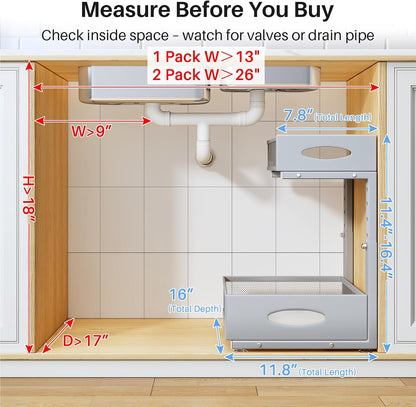 Under Sink Organizer, 2 Pack 2 Tier Pull Out Under Cabinet Organizer Shelf with Pad for Framed Cabinets, Metal Slide Out Under Sink Storage, Mesh Sliding Drawers for Kitchen Bathroom Laundry, Black