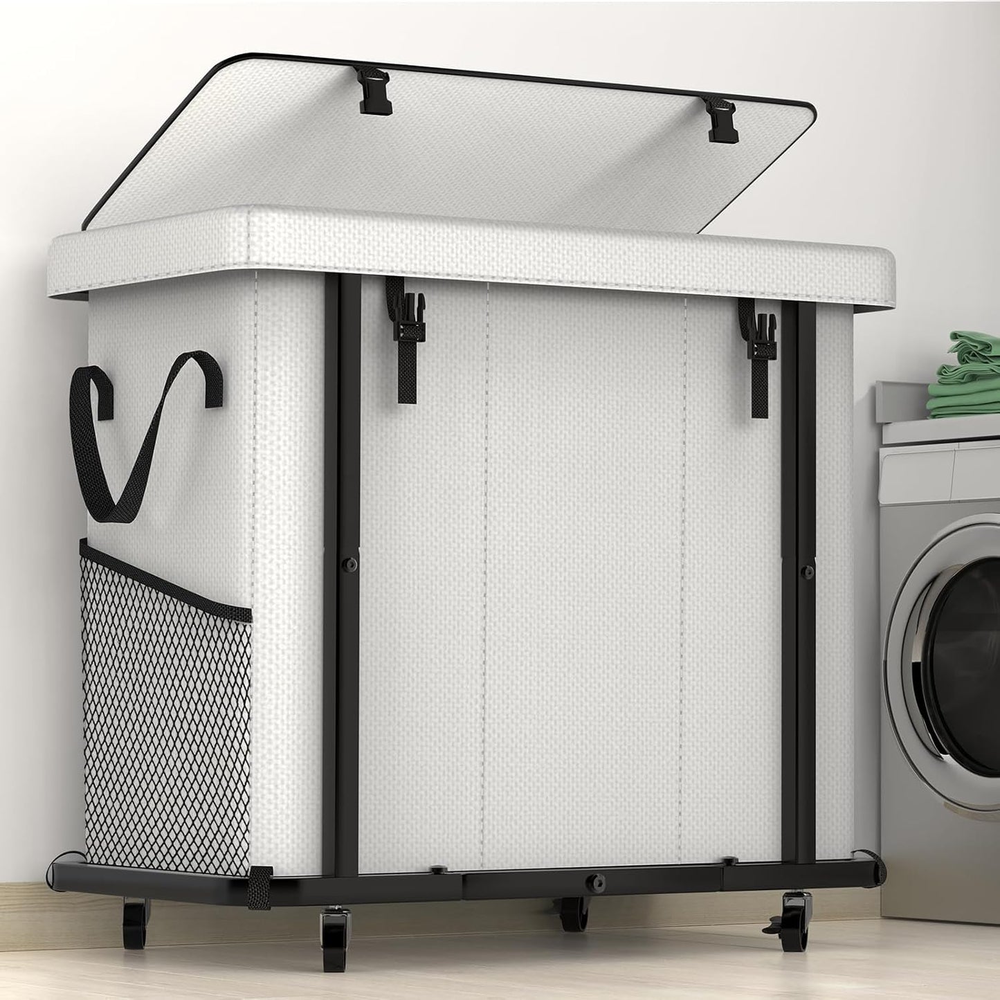 60 Gal(230L) Laundry Basket with Lid, Rolling Laundry Hamper with Wheels, Dirty Clothes Hamper with Metal Frame and Removable Bag Design, Suitable for Laundry Room, Bedroom (Black, 3 Section 230L)