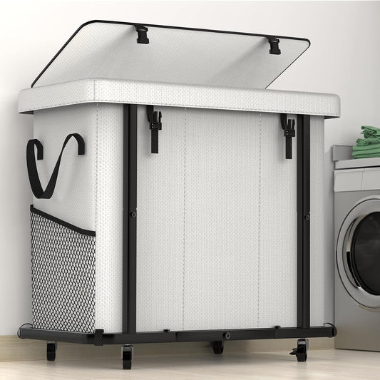 60 Gal(230L) Laundry Basket with Lid, Rolling Laundry Hamper with Wheels, Dirty Clothes Hamper with Metal Frame and Removable Bag Design, Suitable for Laundry Room, Bedroom (Black, 3 Section 230L)