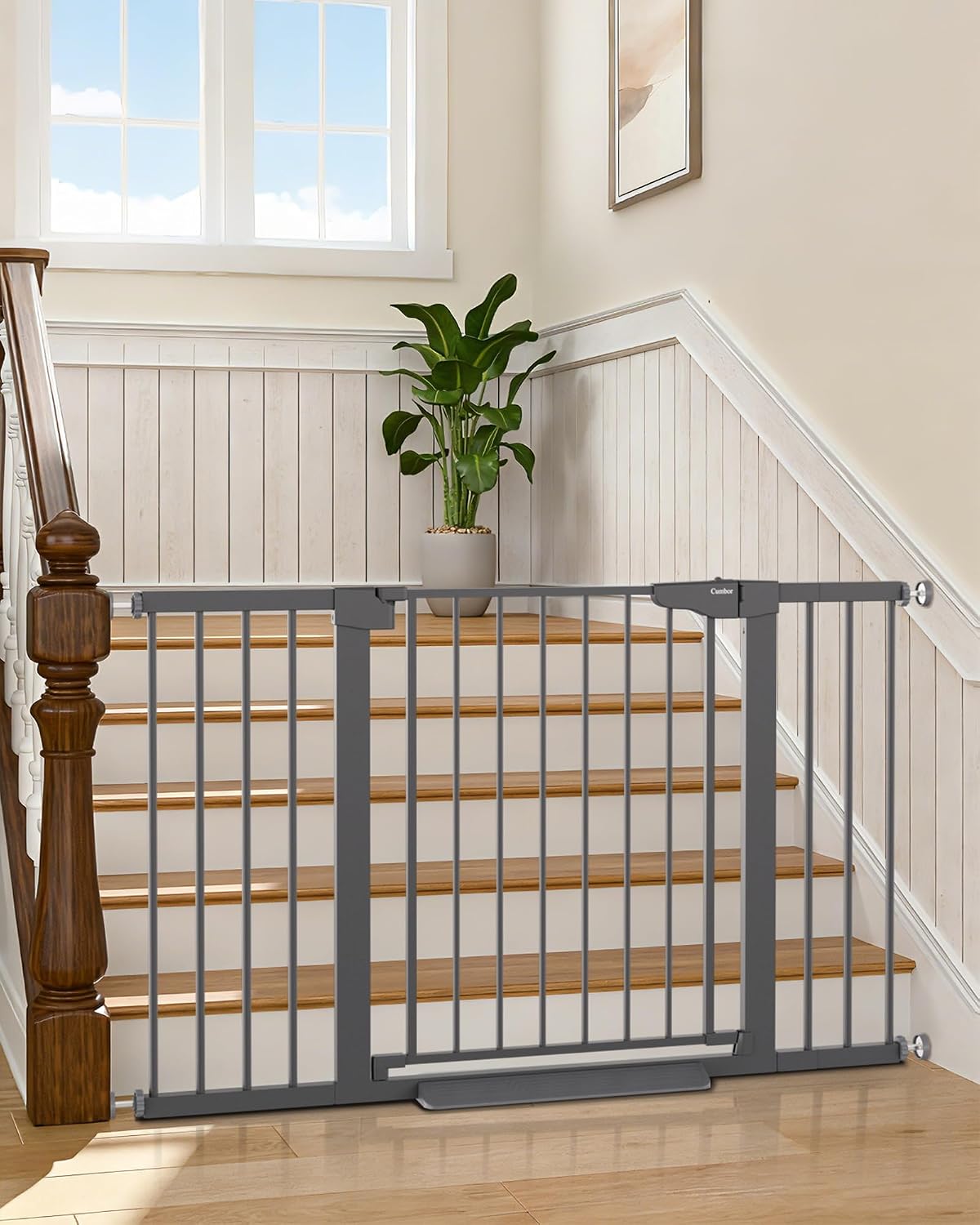Cumbor 29.7-48" Baby Gate for Stairs, Mom's Choice Awards Winner-Dog Gate for Doorways, Auto Close Safety Pet Gate for Dogs Indoor, Easy Install Pressure Mounted Child Gate with Walk Thru Door, Brown