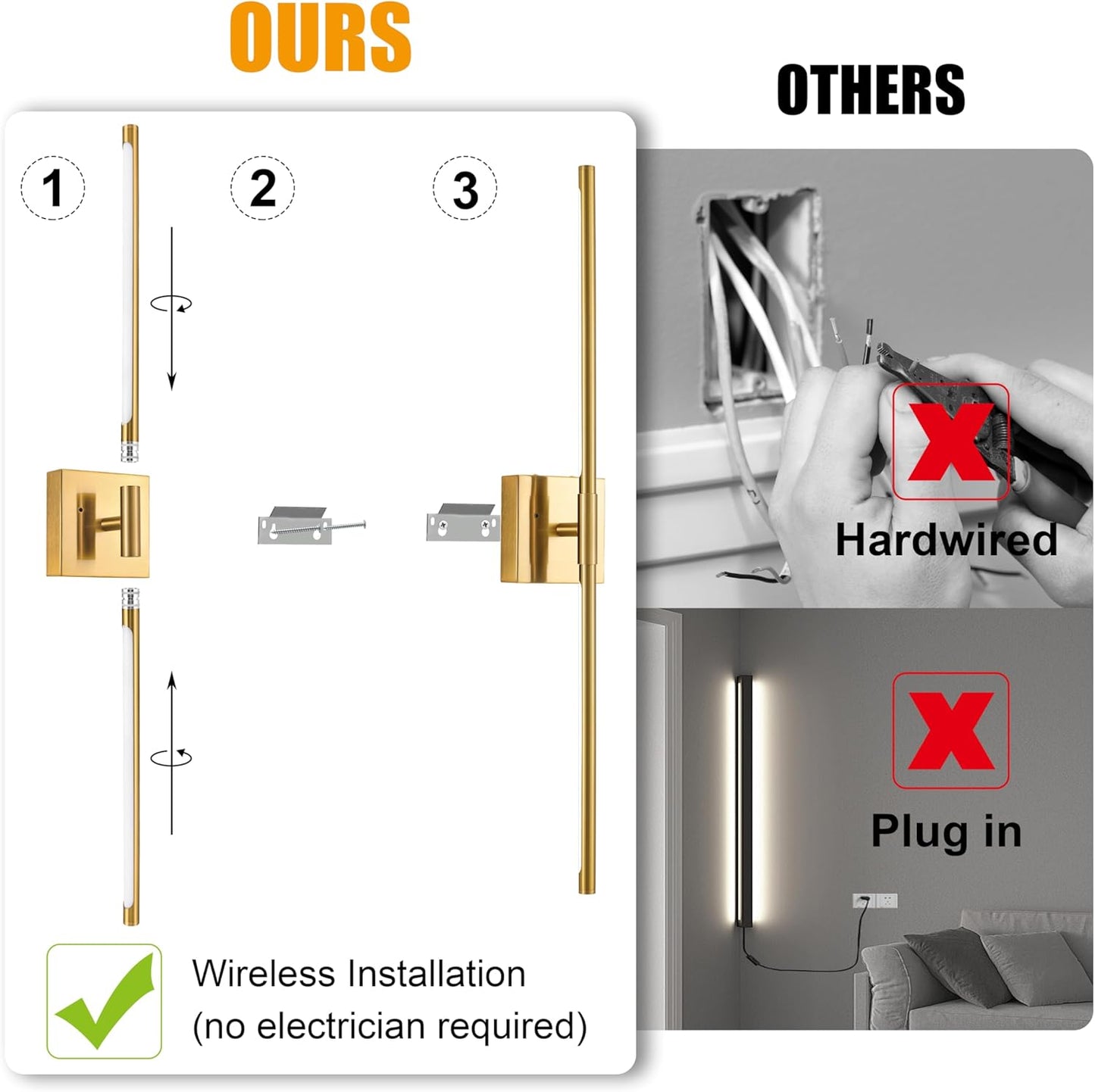 Morauroral Battery Operated Wall Sconces Set of 2, 10000mAh Rechargeable Sconces, 3000K-6000K Dimmable LED Wall Lamp with Remote, 24 Inch Black Gold Wireless Wall Lights for Bedroom, Living Room