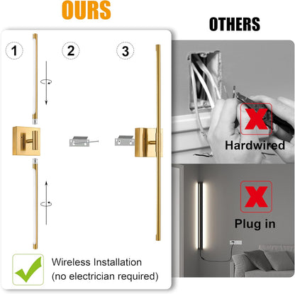 Morauroral Battery Operated Wall Sconces Set of 2, 10000mAh Rechargeable Sconces, 3000K-6000K Dimmable LED Wall Lamp with Remote, 24 Inch Black Gold Wireless Wall Lights for Bedroom, Living Room