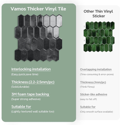 Vamos Tile Upgraded Thicker Design Peel and Stick Backsplash Tile, 10-Sheet Pure White with Gray Grout Long Hexagon Self Adhesive Wall Tiles Stick On Backsplash for Kitchen Bathroom RV Fireplace