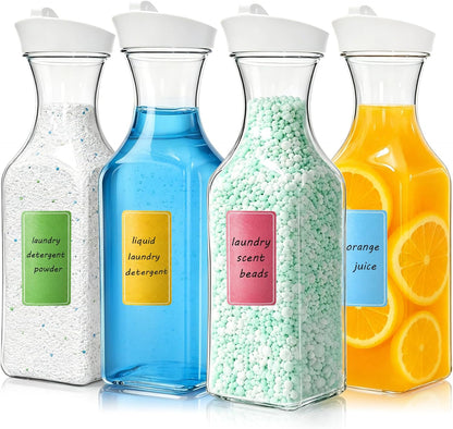 Goaste 4 Pack Laundry Detergent Dispenser, 54oz Laundry Soap Dispenser Bottle with Waterproof Label, Liquid Laundry Detergent Container, Plastic Fabric Softener Organizer for Bleach Powder Beads