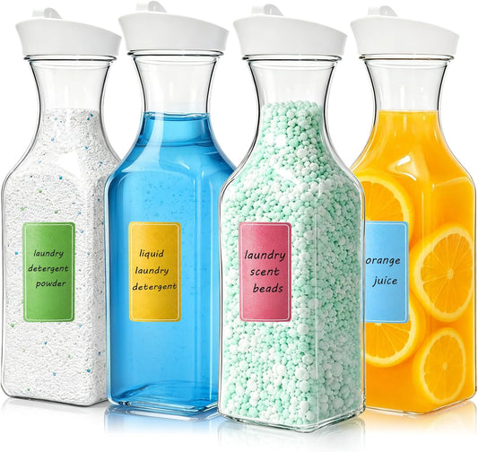 Goaste 4 Pack Laundry Detergent Dispenser, 54oz Laundry Soap Dispenser Bottle with Waterproof Label, Liquid Laundry Detergent Container, Plastic Fabric Softener Organizer for Bleach Powder Beads