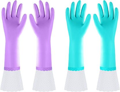 Elgood Reusable Long Sleeve Dishwashing Cleaning Gloves with Latex Free,Cotton Lining,Kitchen Gloves 2 Pairs,Purple+Blue M