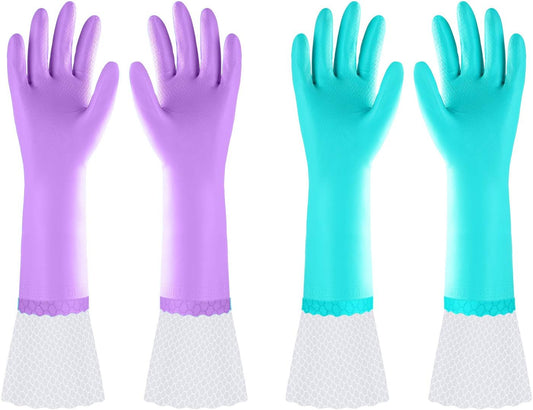 Elgood Reusable Long Sleeve Dishwashing Cleaning Gloves with Latex Free,Cotton Lining,Kitchen Gloves 2 Pairs,Purple+Blue M