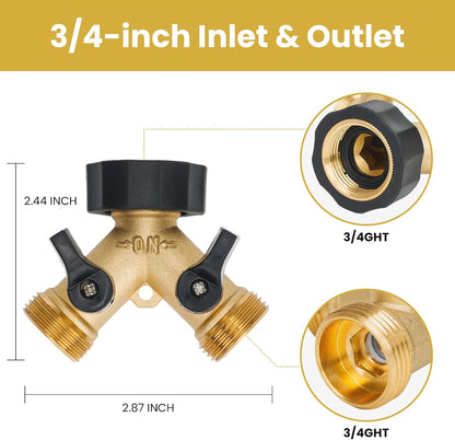 LINEX Garden Hose Splitter 2 Way 2 Pack Heavy Duty Brass, Outdoor Dual Y Valve Water Connector with Faucet and Spigot, Hose Split for Lawn, Garden, Car Wash