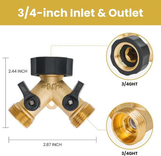LINEX Garden Hose Splitter 2 Way 2 Pack Heavy Duty Brass, Outdoor Dual Y Valve Water Connector with Faucet and Spigot, Hose Split for Lawn, Garden, Car Wash