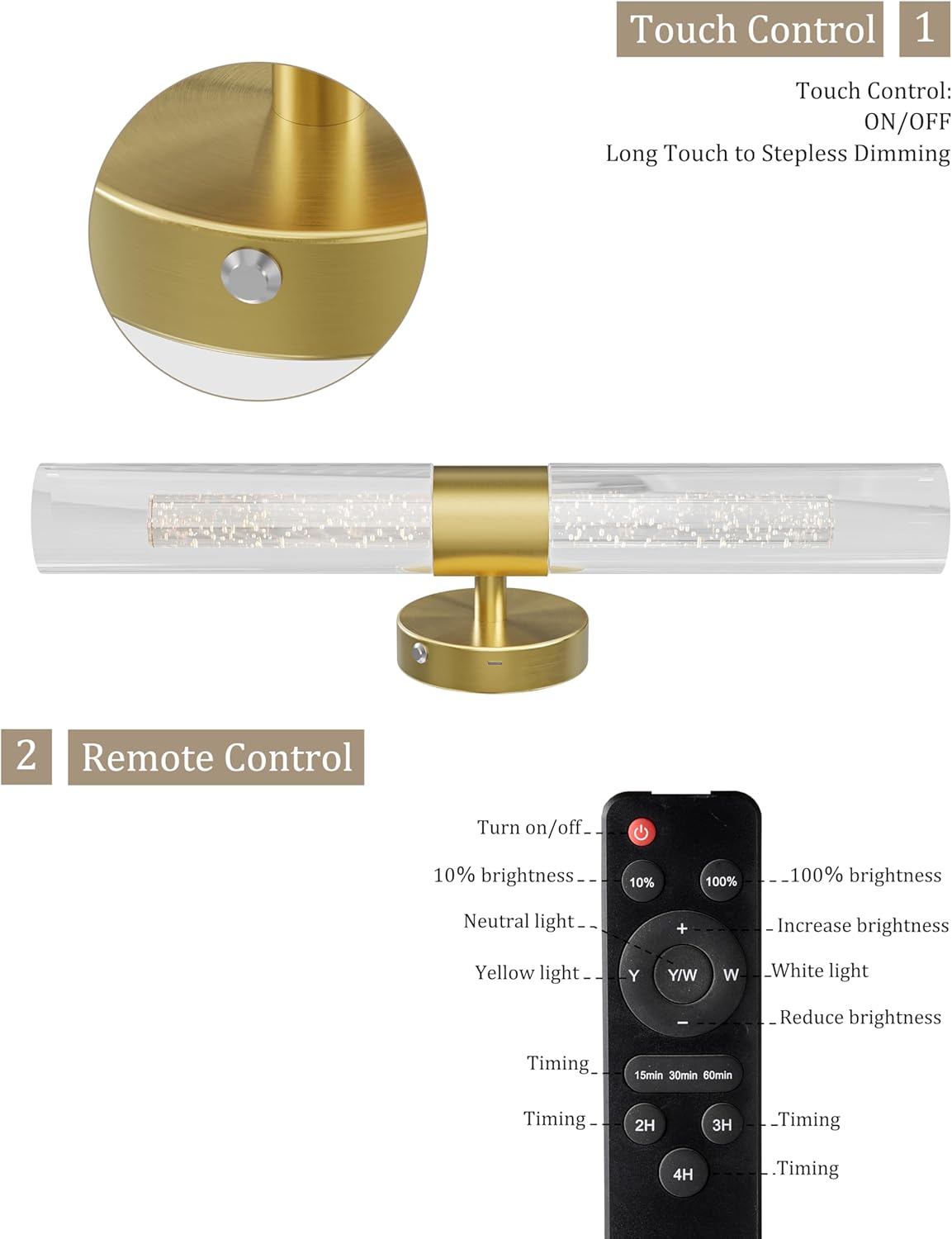 10000mAh Battery Operated Wall Sconce Set of 2, Rechargeable Wireless Wall Lights with Remote Control, Dimmable Timer 3 Color Temperature Glass Wall Lamp for Living Room Bedroom Gold 21.5 Inch