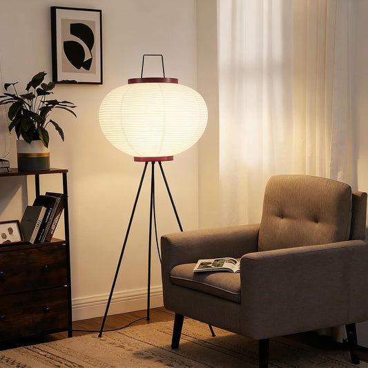 Japanese Rice Paper Floor Lamp, Wabi Sabi Standing Light | Handmade paper shade. Perfect for living room, bedroom, or office. Easy assembly. Size: 51"H x 18"W. Bulb included.