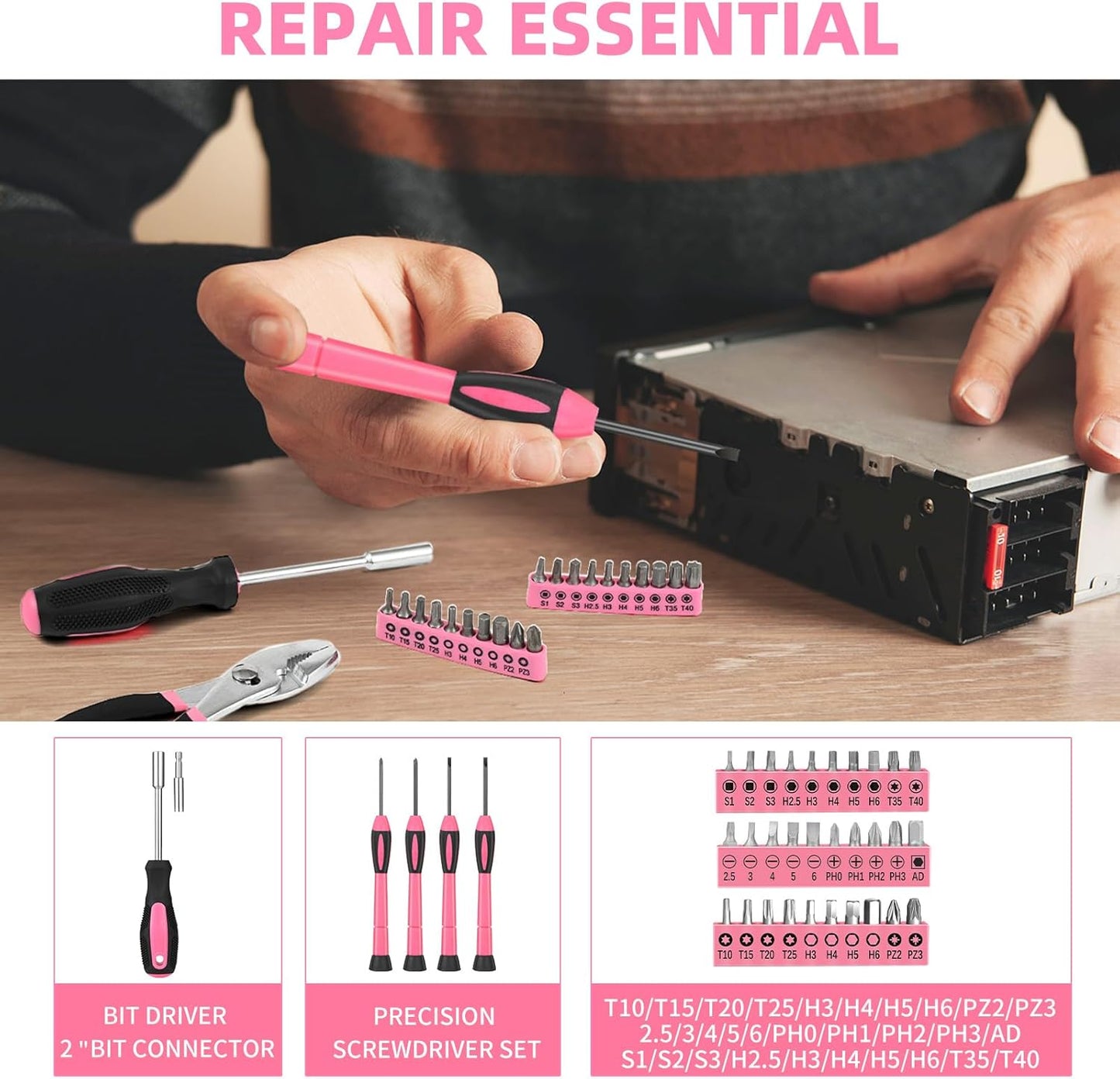144-Piece General Household Hand Tool Kit with Plastic Toolbox Pink | Basic General Hand Tool Kit, Household Tool Set, for Home Repair, Office & College Dormitory Use, Daily Use for Women