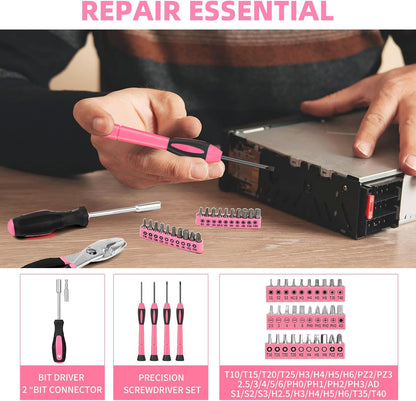 144-Piece General Household Hand Tool Kit with Plastic Toolbox Pink | Basic General Hand Tool Kit, Household Tool Set, for Home Repair, Office & College Dormitory Use, Daily Use for Women