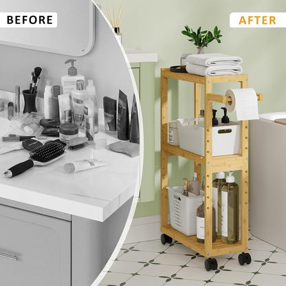 RRX Toilet Paper Holder with 3 Tier,16.14''Dx7.08''Wx28.35''H (Beige) | Small Bathroom Rolling Bamboo Mobile Storage Corner Shelf Cabinet for Narrow Spaces, Freestanding Slim Kitchen Organizer