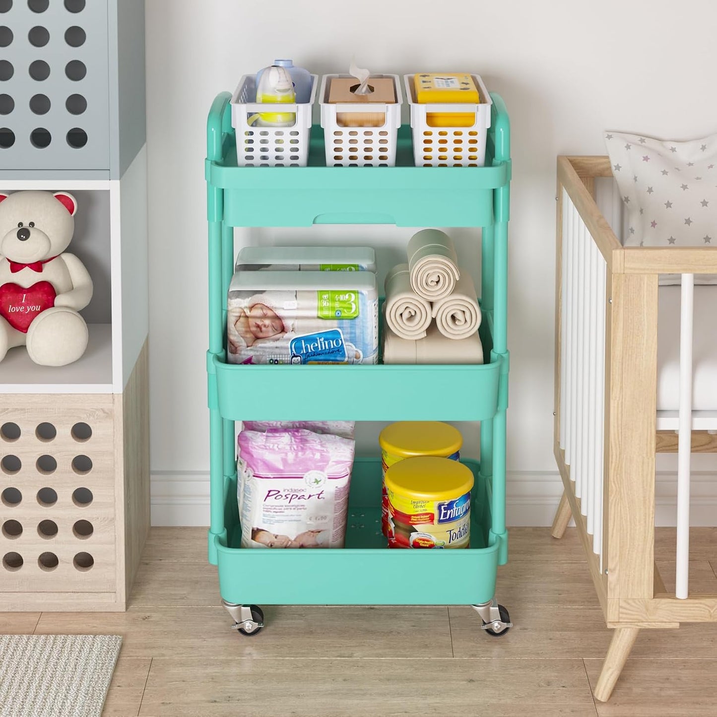 Calmootey 3-Tier Rolling Utility Cart with Drawer,Multifunctional Storage Organizer with Plastic Shelf & Metal Wheels,Storage Cart for Kitchen,Bathroom,Living Room,Office,White