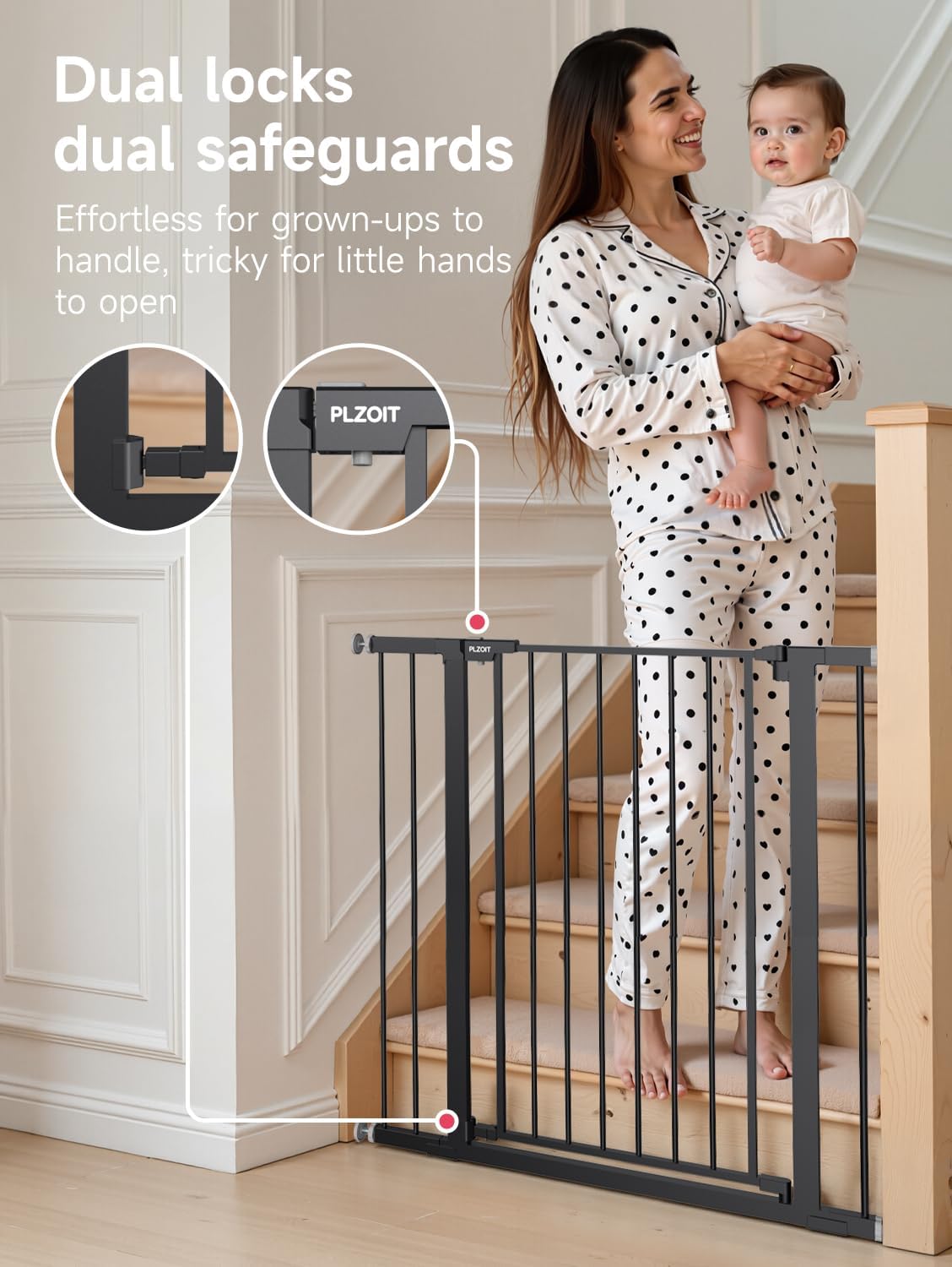 29.5-40.5" Baby Gate for Stairs, Dog Gate for Doorways, Walk Thru Auto Close Metal Baby Safety Gate for The House, Stairs and Doorways, Child Gate Pressure Mounted, Pet Gate for Dog Indoor - Black