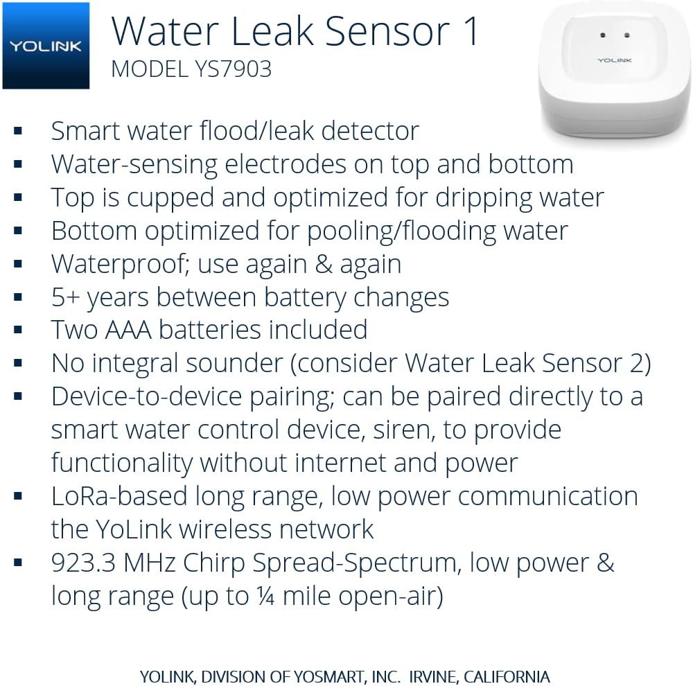 YoLink Water Leak Starter Kit: Hub + 4 Leak Sensor 1 (Silent), LoRa Long-Range, App/SMS/Email Alerts, D2D Offline Triggers, 2 AAA Up to 5-Year Battery, Compatible with Alexa/IFTTT/Home Assistant